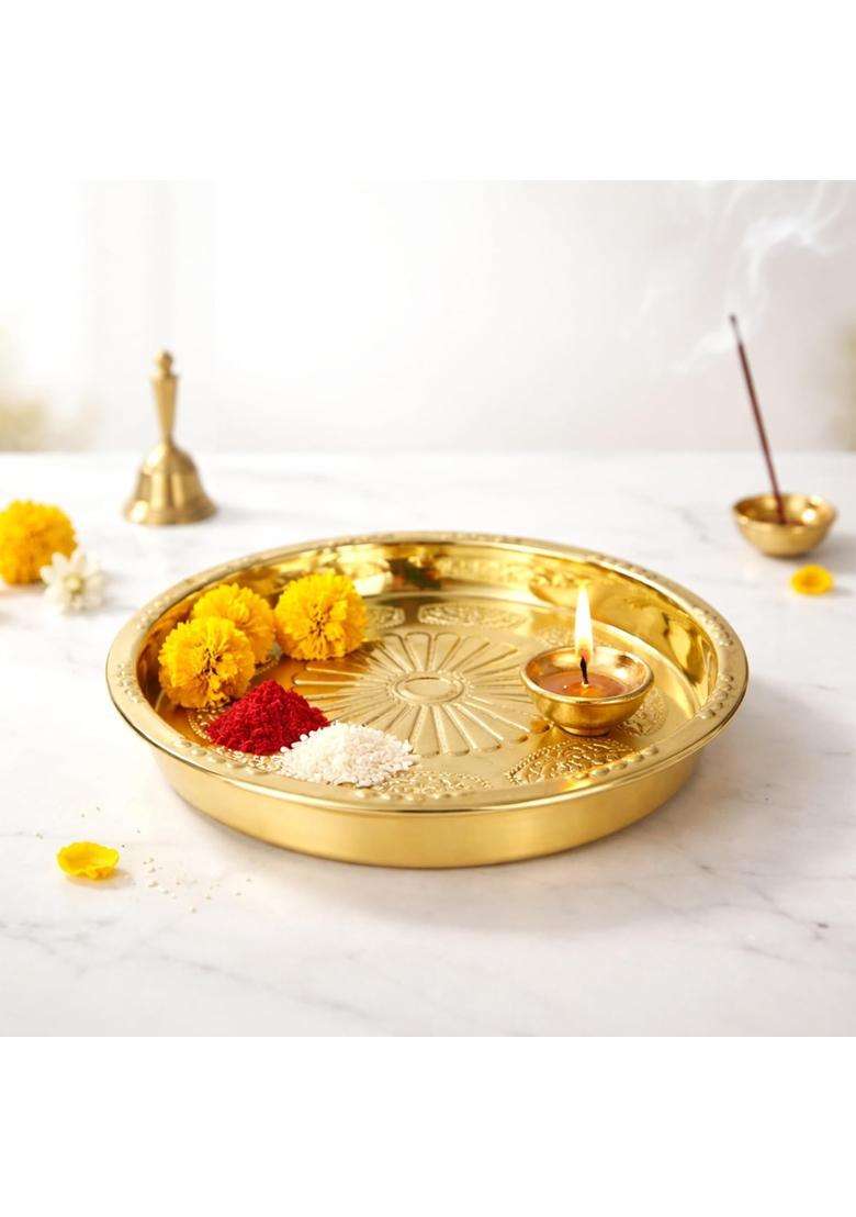 Putrika Gold Brass Pooja Thali for Mandir Traditional Pital Puja Plate Engraved Aarti Thali for Diya Kumkum - Indya