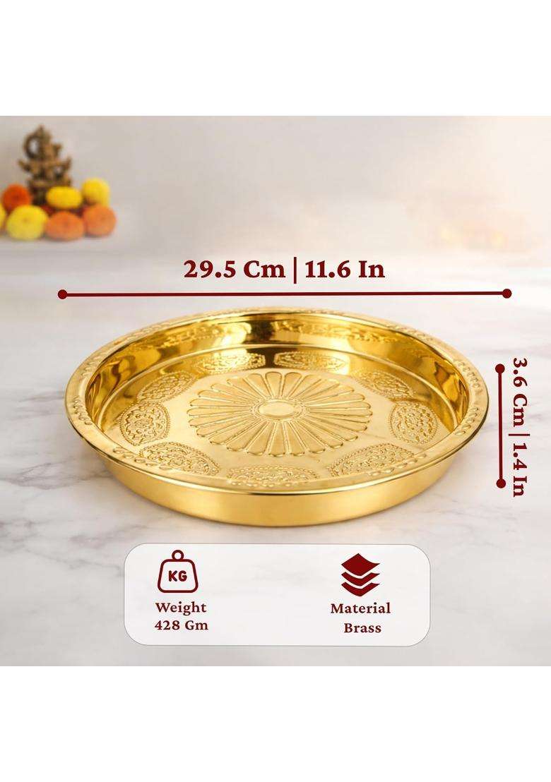 Putrika Gold Brass Pooja Thali for Mandir Traditional Pital Puja Plate Engraved Aarti Thali for Diya Kumkum - Indya