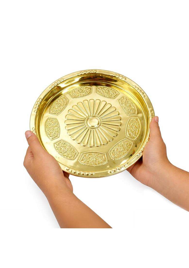 Putrika Gold Brass Pooja Thali for Mandir Traditional Pital Puja Plate Engraved Aarti Thali for Diya Kumkum - Indya