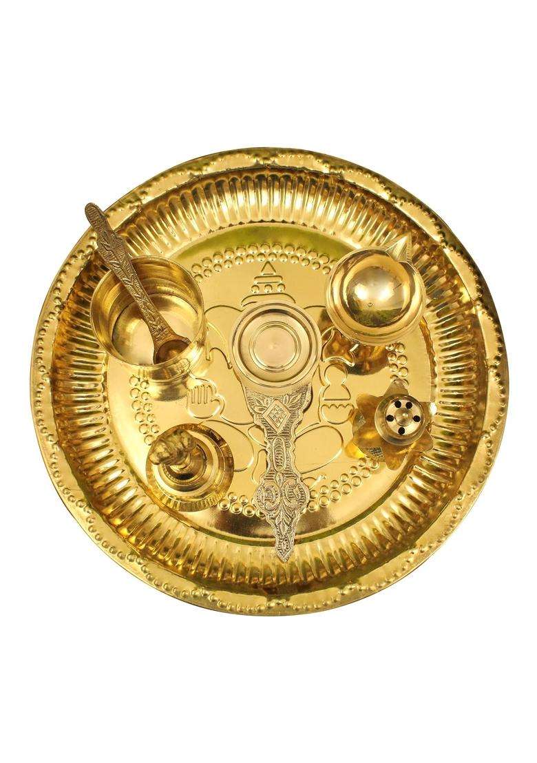 Spillbox Gold Traditional Handcrafted Brass Puja Pooja Thali Set - Indya