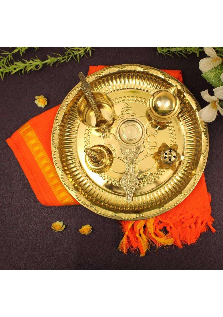 Spillbox Gold Traditional Handcrafted Brass Puja Pooja Thali Set - Indya