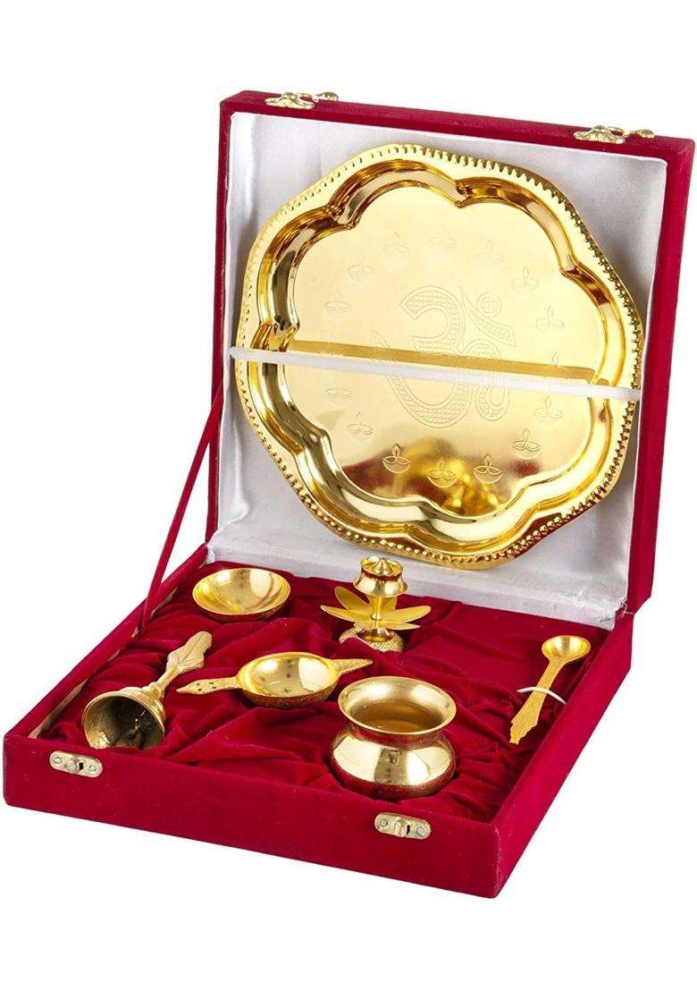Rkonect Gold German Om Pooja Thali Set Brass Special Puja Thali Items for Navratri Diwali Poojan Set of 7 - Indya