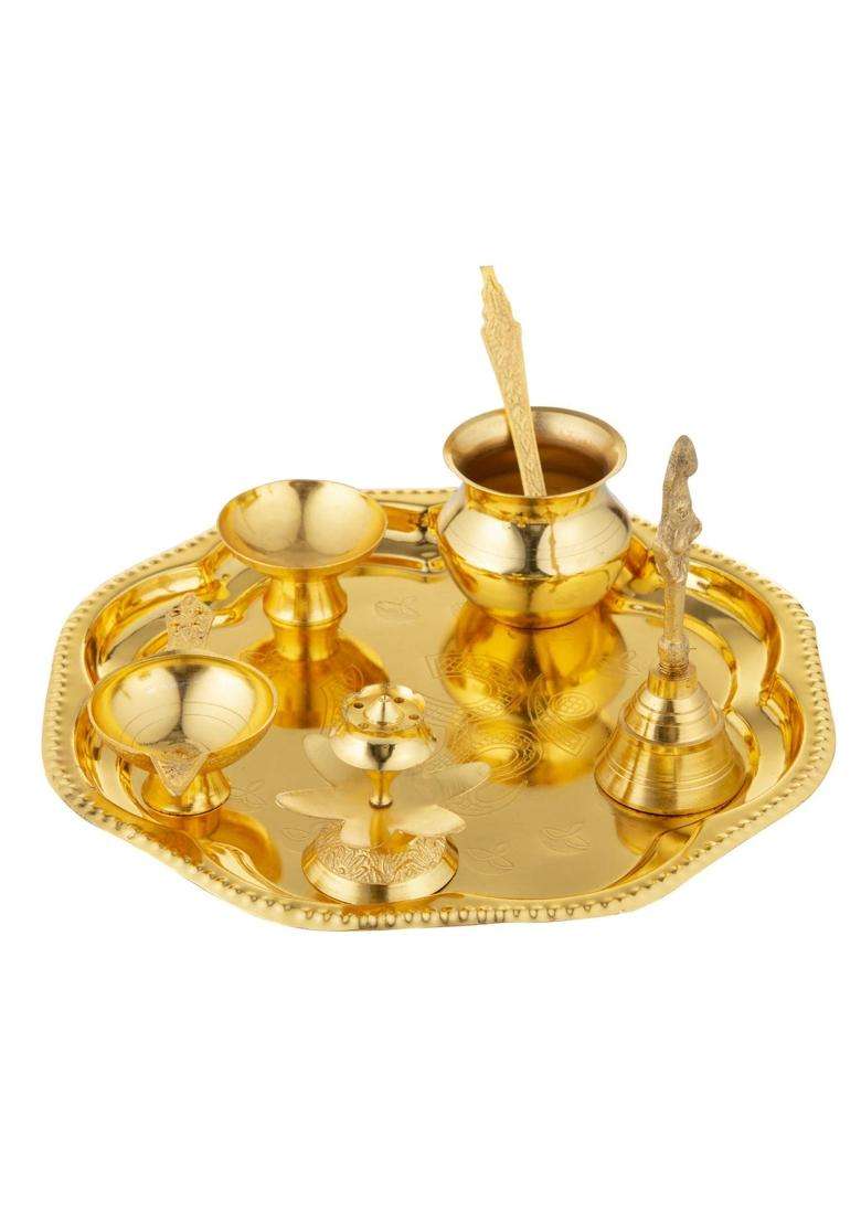 Rkonect Gold German Om Pooja Thali Set Brass Special Puja Thali Items for Navratri Diwali Poojan Set of 7 - Indya