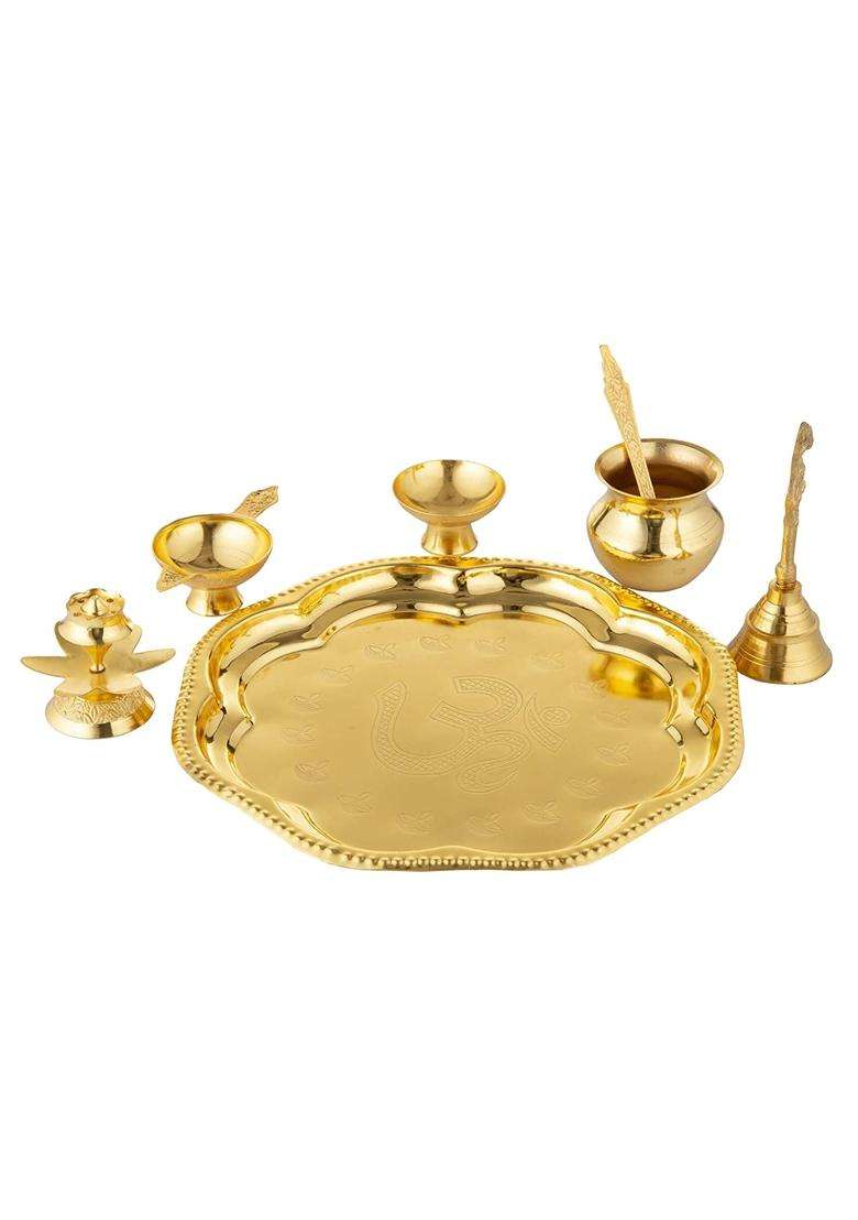Rkonect Gold German Om Pooja Thali Set Brass Special Puja Thali Items for Navratri Diwali Poojan Set of 7 - Indya