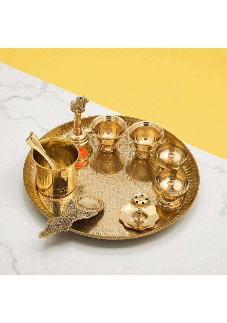Bhimonee Decor Gold 9 Inch Engraved Brass Puja Thali Set 8 Pcs Traditional Pooja Plate with Floral Design - Indya