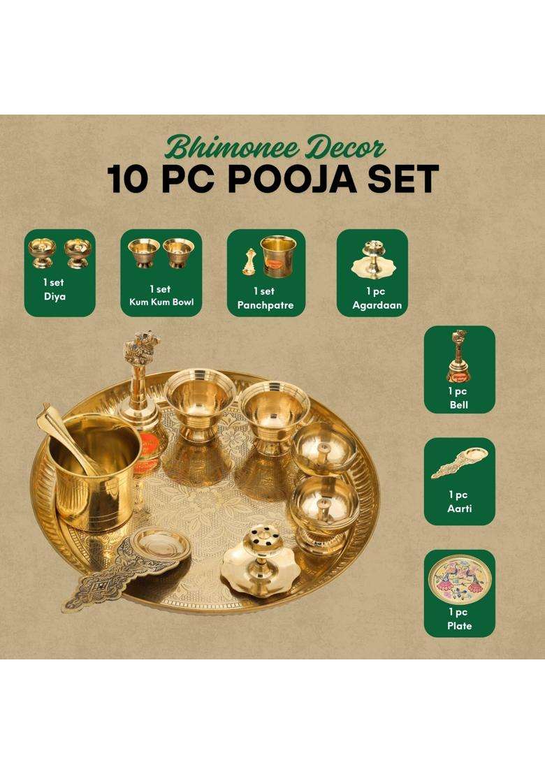 Bhimonee Decor Gold 9 Inch Engraved Brass Puja Thali Set 8 Pcs Traditional Pooja Plate with Floral Design - Indya