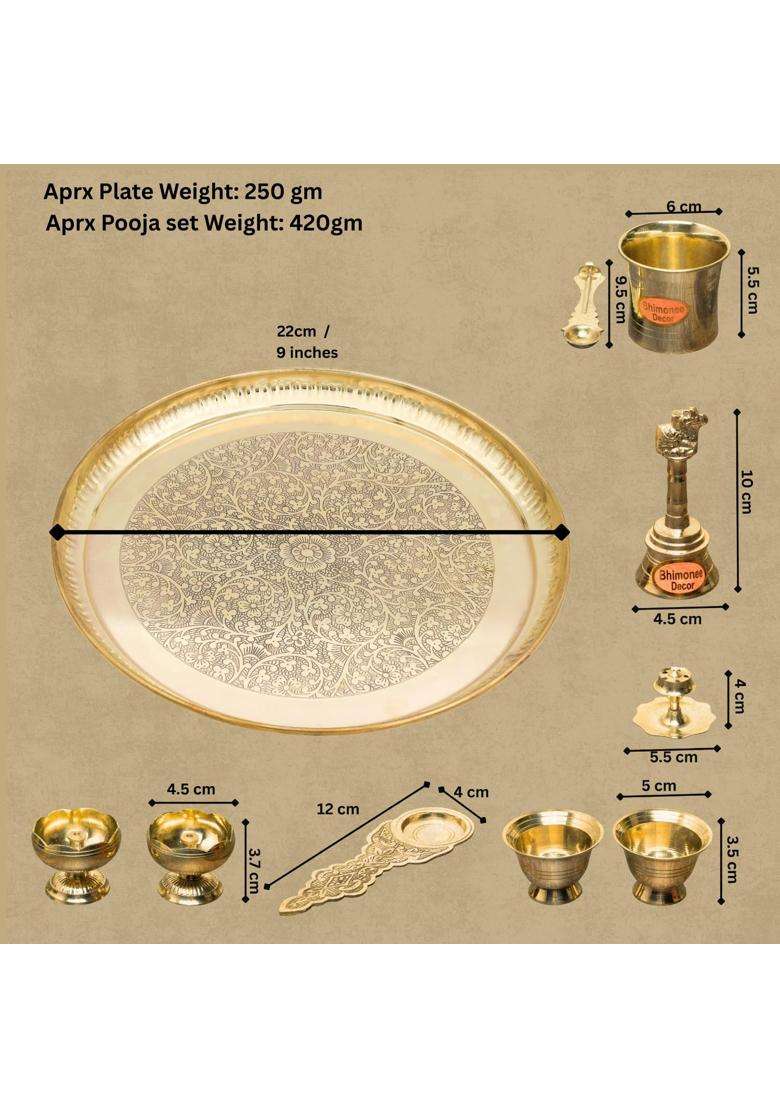 Bhimonee Decor Gold 9 Inch Engraved Brass Puja Thali Set 8 Pcs Traditional Pooja Plate with Floral Design - Indya