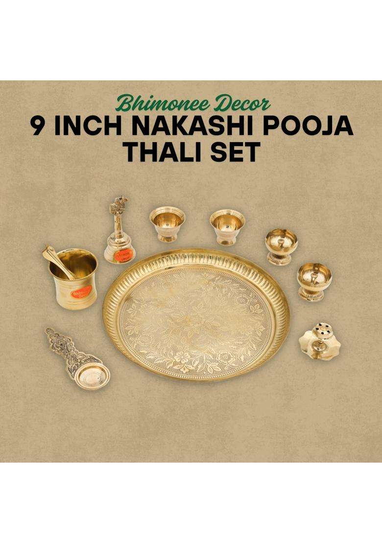 Bhimonee Decor Gold 9 Inch Engraved Brass Puja Thali Set 8 Pcs Traditional Pooja Plate with Floral Design - Indya