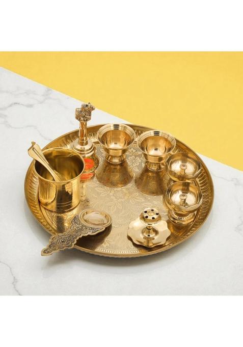 Bhimonee Decor Gold 9 Inch Engraved Brass Puja Thali Set 8 Pcs Traditional Pooja Plate with Floral Design