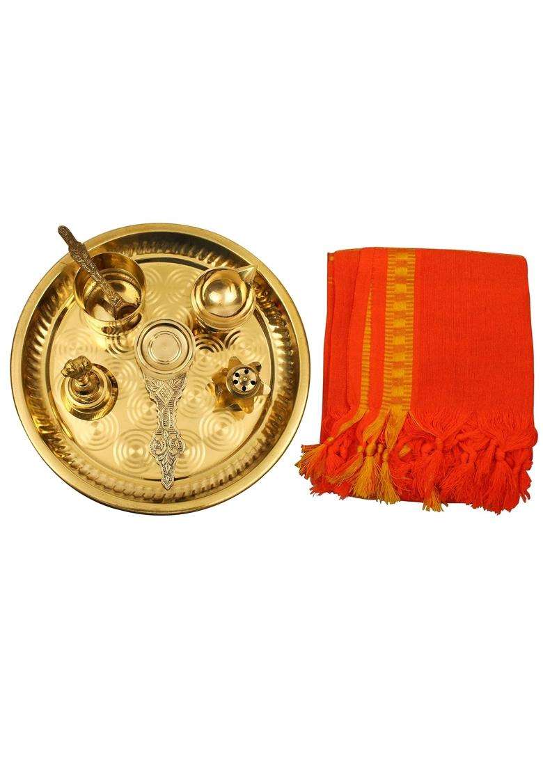 Spillbox Yellow Traditional Handcrafted Brass Puja Pooja Thali - Indya