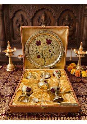Goldgiftideas 10 Inch Brass Antique Meena Flower Pooja Thali Set for Home Decor Gold Plated