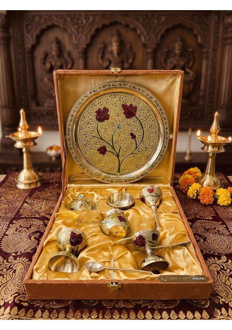 Goldgiftideas 10 Inch Brass Antique Meena Flower Pooja Thali Set for Home Decor Gold Plated - Indya