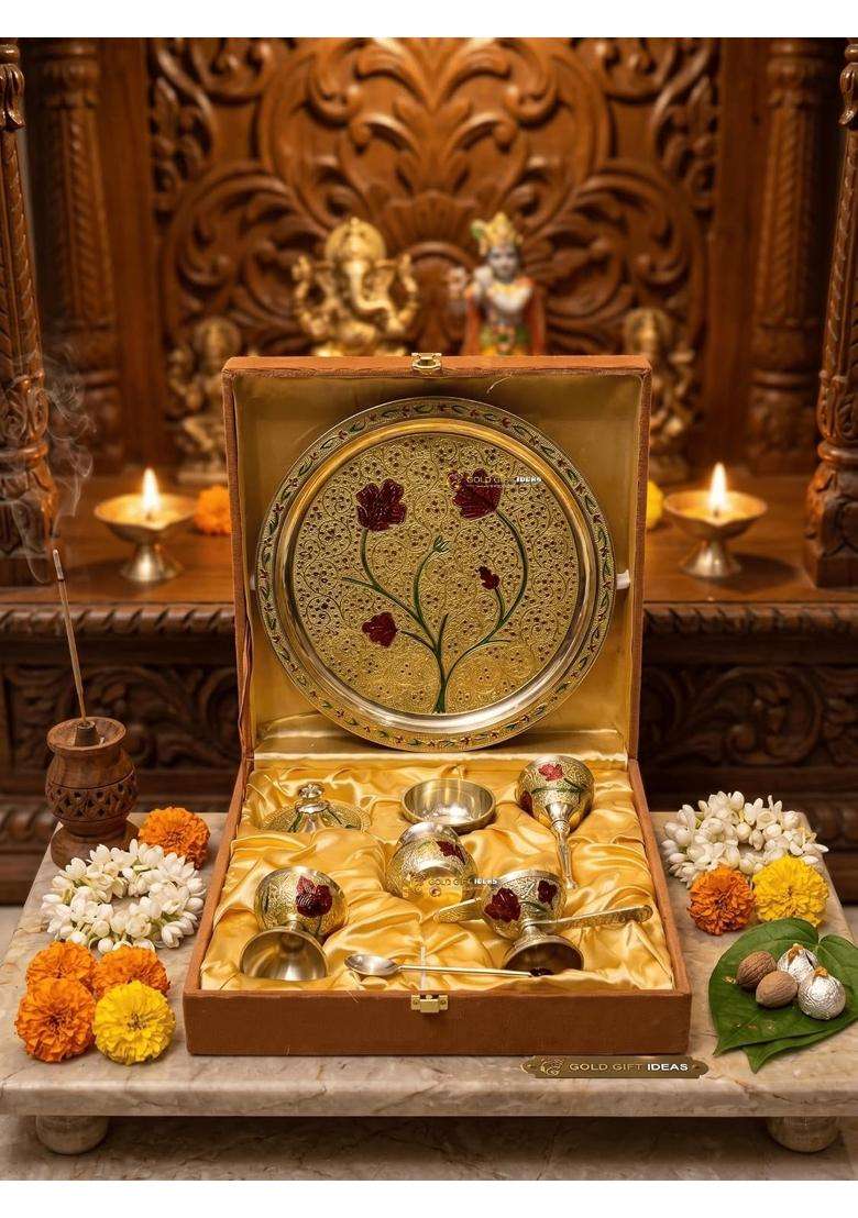 Goldgiftideas 10 Inch Brass Antique Meena Flower Pooja Thali Set for Home Decor Gold Plated - Indya