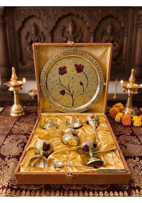 Goldgiftideas 10 Inch Brass Antique Meena Flower Pooja Thali Set for Home Decor Gold Plated