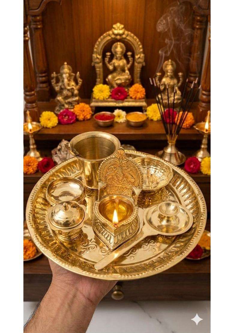 Gold Triloka ARTS100 Percent Pure Brass 10 Inch Pooja Thali Set 8 Pieces - Indya
