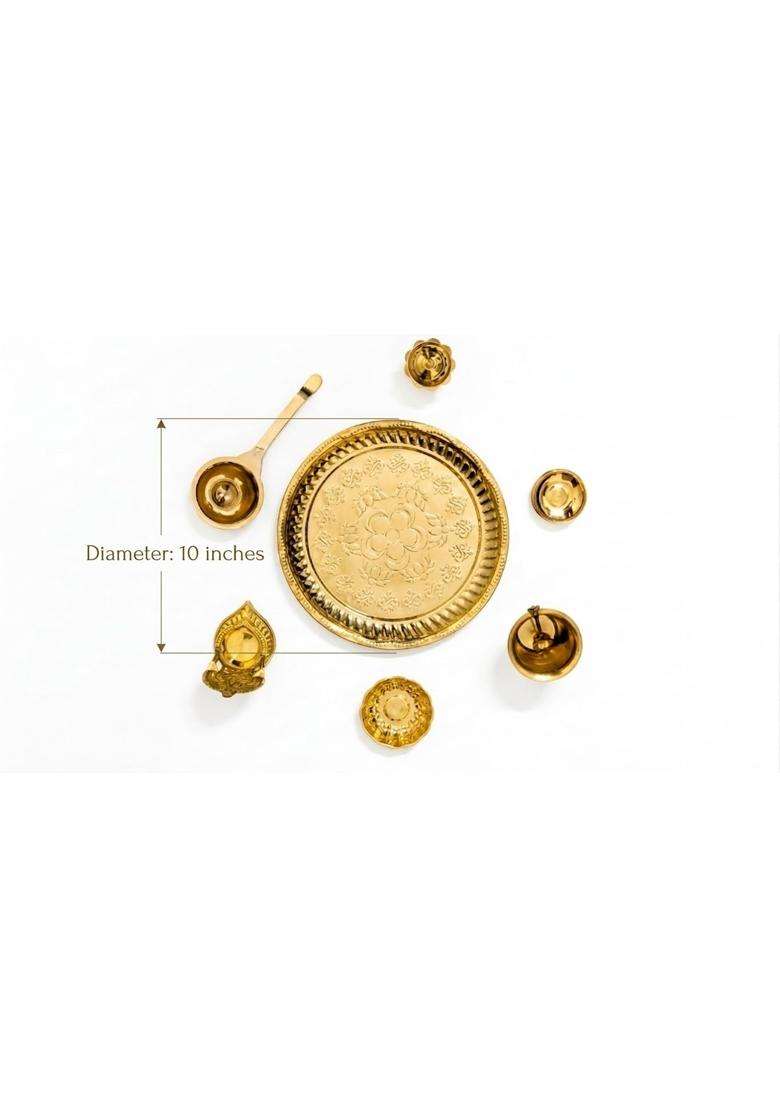 Gold Triloka ARTS100 Percent Pure Brass 10 Inch Pooja Thali Set 8 Pieces - Indya