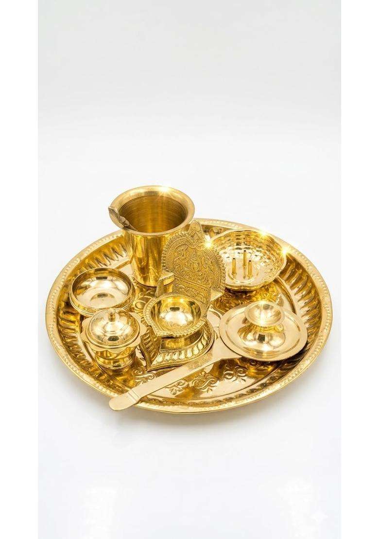 Gold Triloka ARTS100 Percent Pure Brass 10 Inch Pooja Thali Set 8 Pieces - Indya