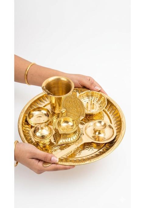 Gold Triloka ARTS100 Percent Pure Brass 10 Inch Pooja Thali Set 8 Pieces