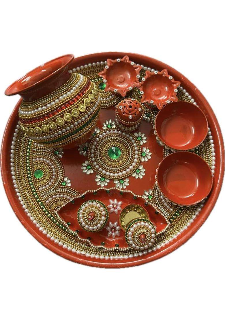 Decorative Puja Thali Set Orange with Gold and Green Embellishments 13 Inch Includes 2 Diyas 2 Katori - Indya