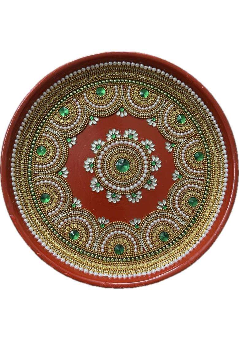 Decorative Puja Thali Set Orange with Gold and Green Embellishments 13 Inch Includes 2 Diyas 2 Katori - Indya