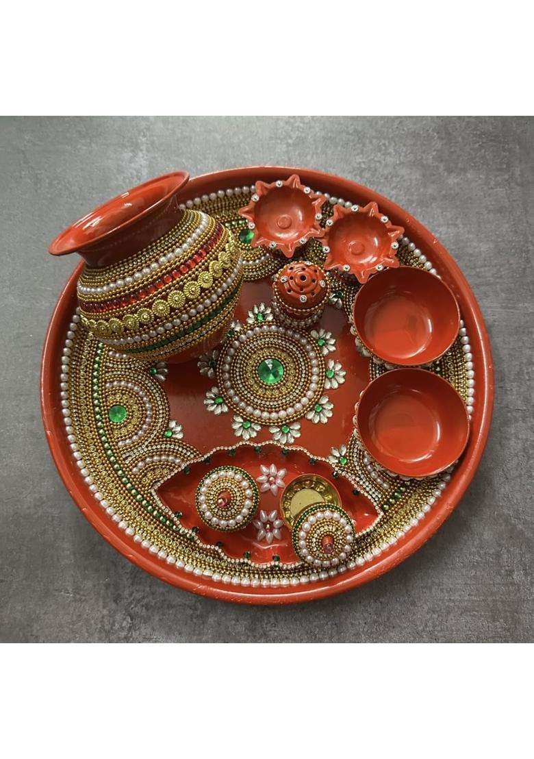 Decorative Puja Thali Set Orange with Gold and Green Embellishments 13 Inch Includes 2 Diyas 2 Katori - Indya