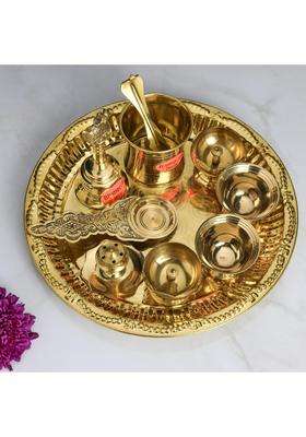 Bhimonee Decor Gold Brass Ring Design Pooja Thali Set