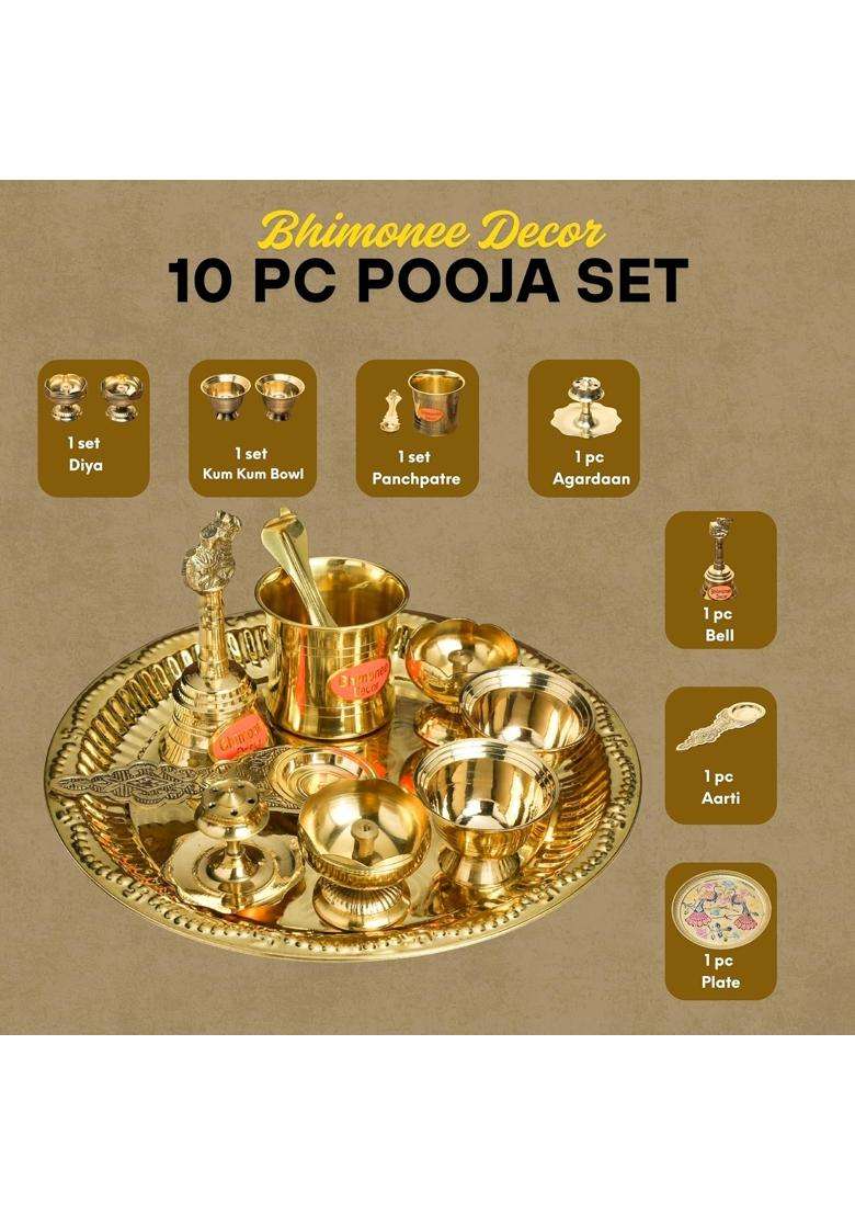 Bhimonee Decor Gold Brass Ring Design Pooja Thali Set - Indya
