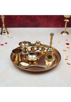 Torppeza Golden Pure Brass Traditional Pooja Thali Set 8Inch Flower Printed Puja Plate with Incense Holder