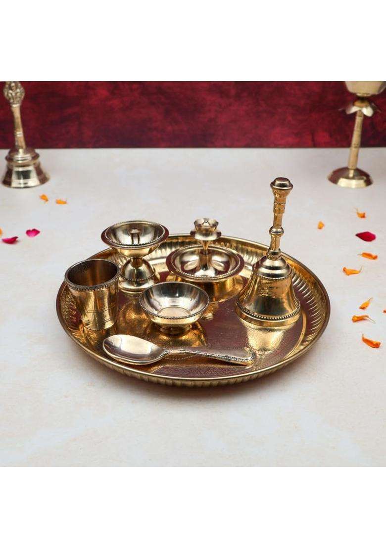 Torppeza Golden Pure Brass Traditional Pooja Thali Set 8Inch Flower Printed Puja Plate with Incense Holder - Indya