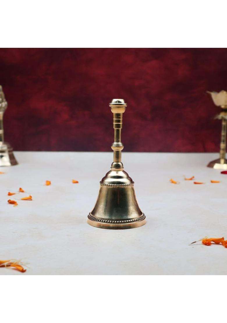 Torppeza Golden Pure Brass Traditional Pooja Thali Set 8Inch Flower Printed Puja Plate with Incense Holder - Indya