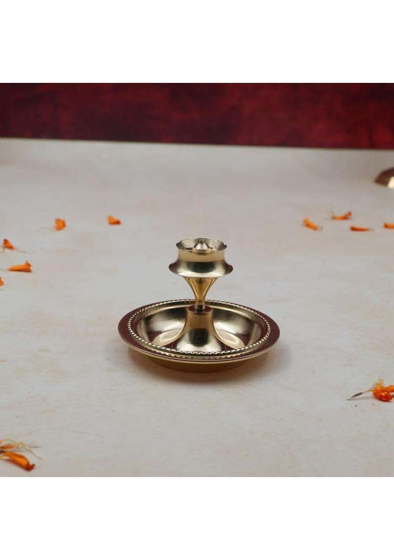 Torppeza Golden Pure Brass Traditional Pooja Thali Set 8Inch Flower Printed Puja Plate with Incense Holder - Indya