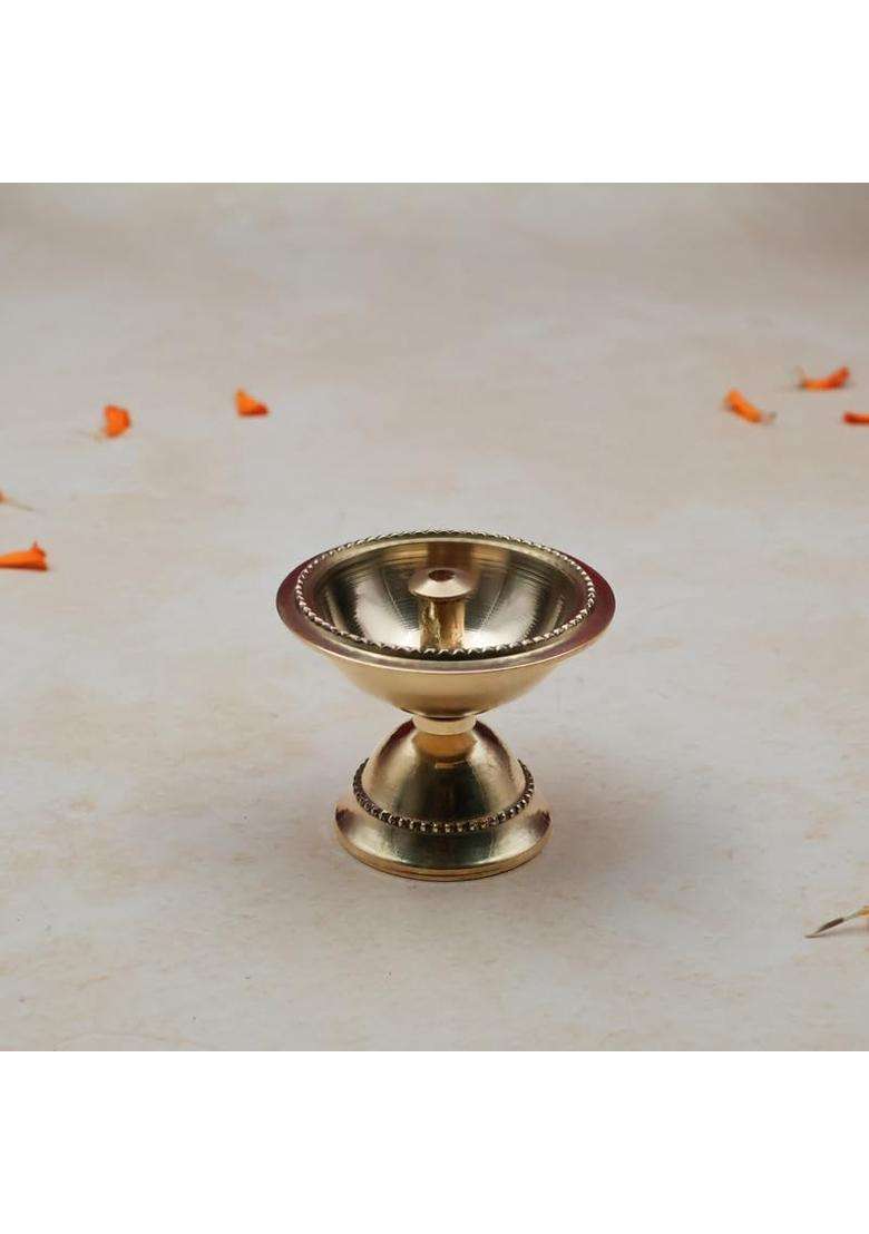 Torppeza Golden Pure Brass Traditional Pooja Thali Set 8Inch Flower Printed Puja Plate with Incense Holder - Indya