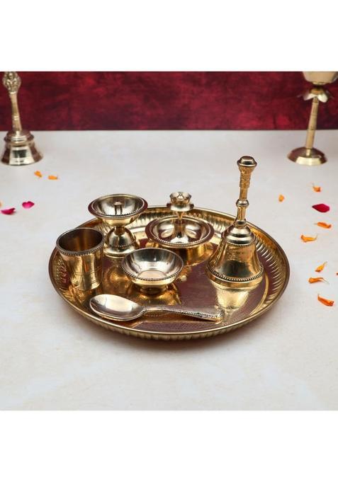 Torppeza Golden Pure Brass Traditional Pooja Thali Set 8Inch Flower Printed Puja Plate with Incense Holder