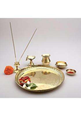 Pachwariya Pure Brass Pooja Thali Set 8 Inch Traditional Kalash Lota Katori Agarbatti Stand Diyas for Mandir