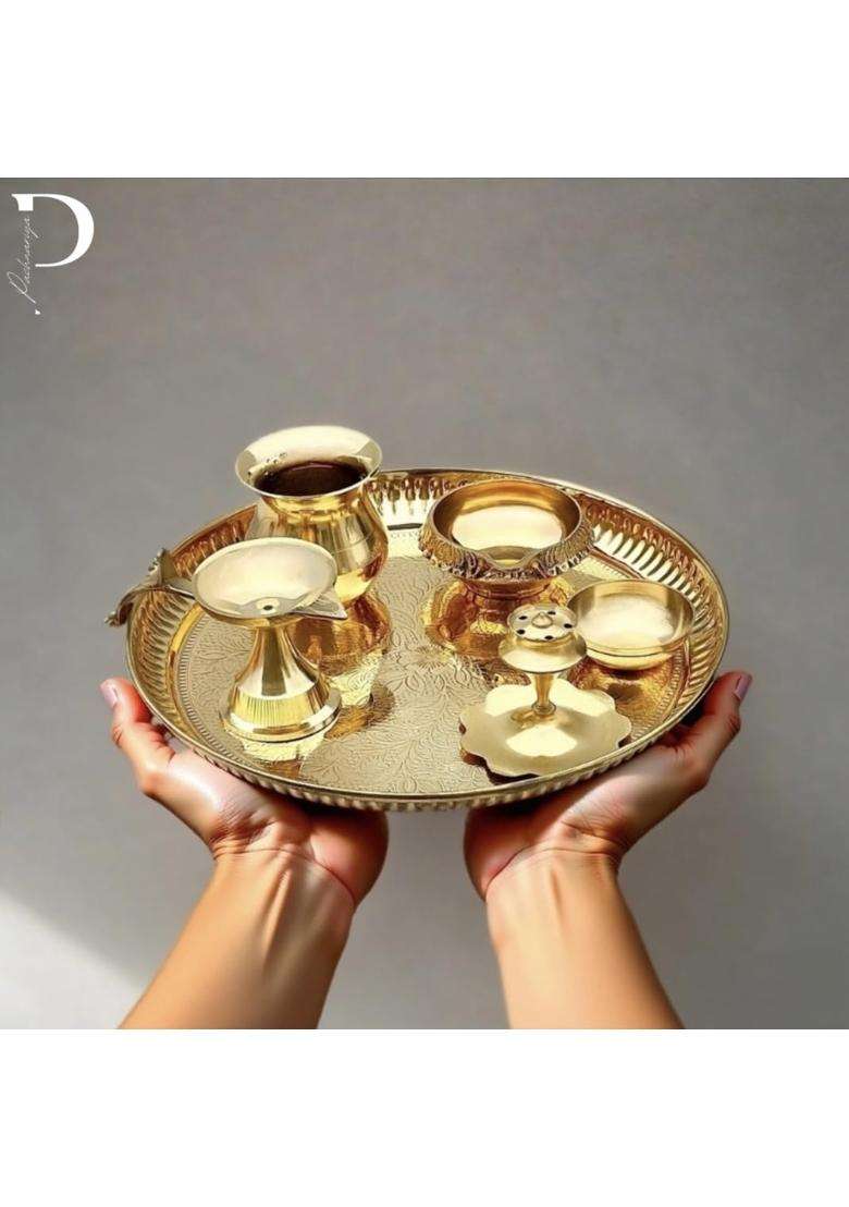 Pachwariya Pure Brass Pooja Thali Set 8 Inch Traditional Kalash Lota Katori Agarbatti Stand Diyas for Mandir - Indya