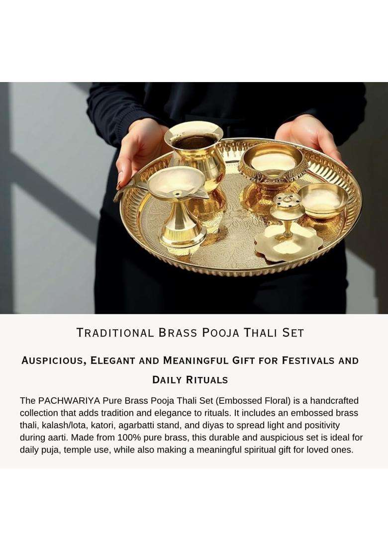 Pachwariya Pure Brass Pooja Thali Set 8 Inch Traditional Kalash Lota Katori Agarbatti Stand Diyas for Mandir - Indya