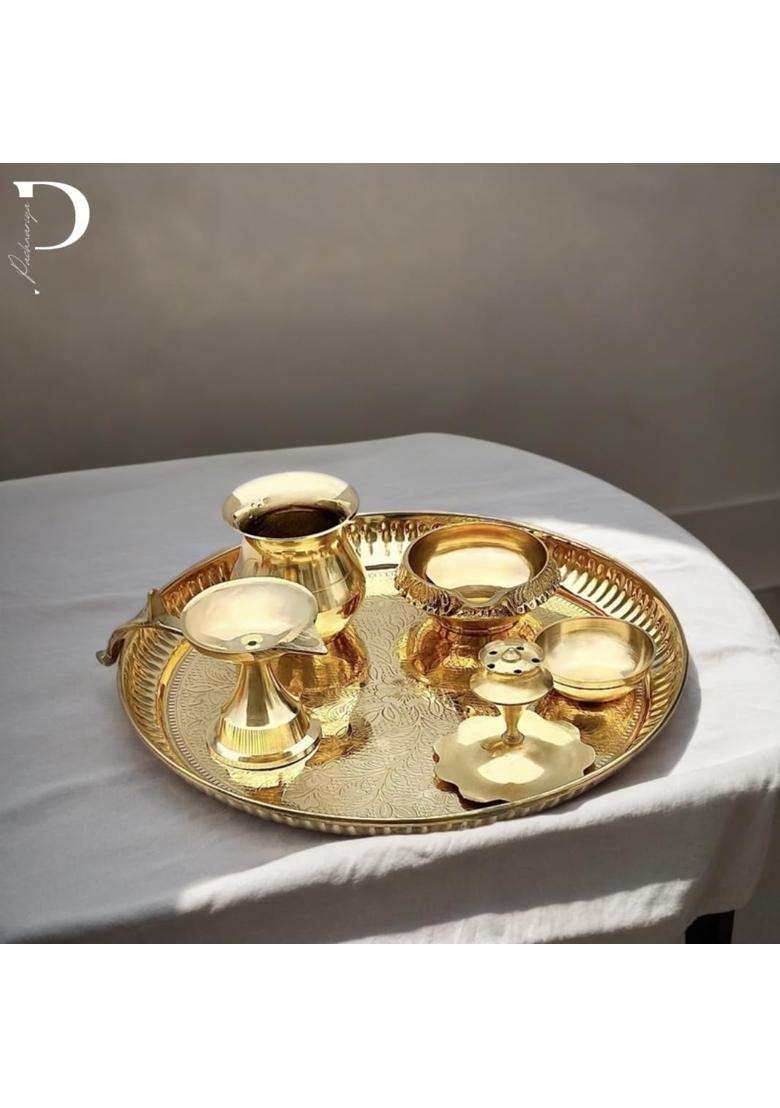 Pachwariya Pure Brass Pooja Thali Set 8 Inch Traditional Kalash Lota Katori Agarbatti Stand Diyas for Mandir - Indya