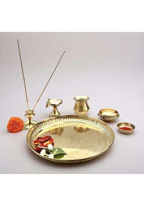 Pachwariya Pure Brass Pooja Thali Set 8 Inch Traditional Kalash Lota Katori Agarbatti Stand Diyas for Mandir