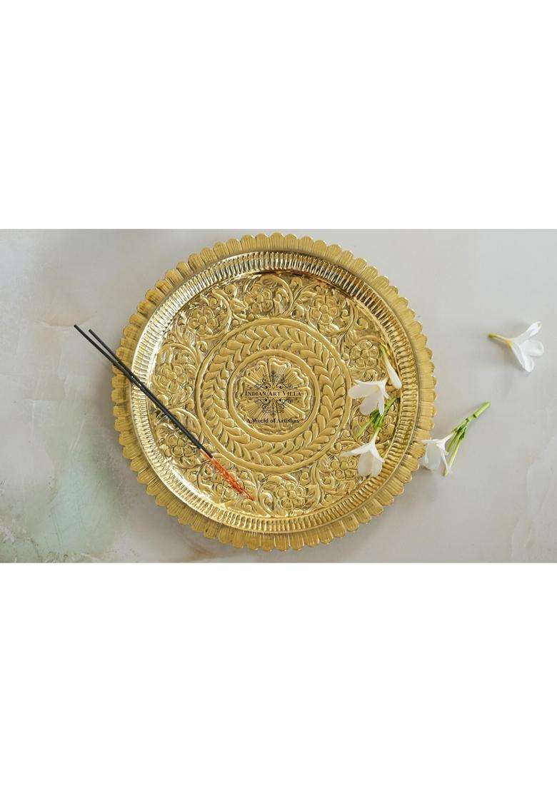 Indian ART Villa Pure Brass Pooja Decorative Thali Plate with Floral Embossed Petal Edge Design - Indya
