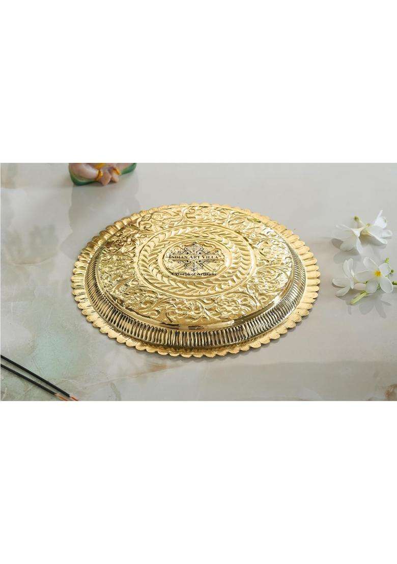 Indian ART Villa Pure Brass Pooja Decorative Thali Plate with Floral Embossed Petal Edge Design - Indya