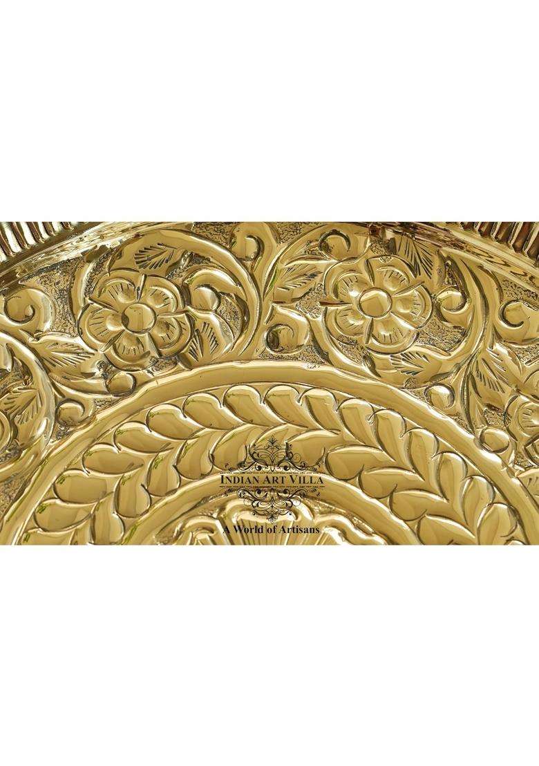 Indian ART Villa Pure Brass Pooja Decorative Thali Plate with Floral Embossed Petal Edge Design - Indya