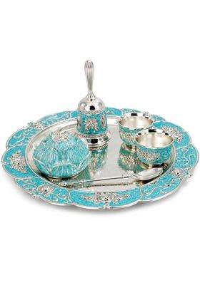 Birch and Co Decorative Pooja Thali Set with Lotus Incense Holder Hand Bell 2 Kumkum Bowls and Spoon