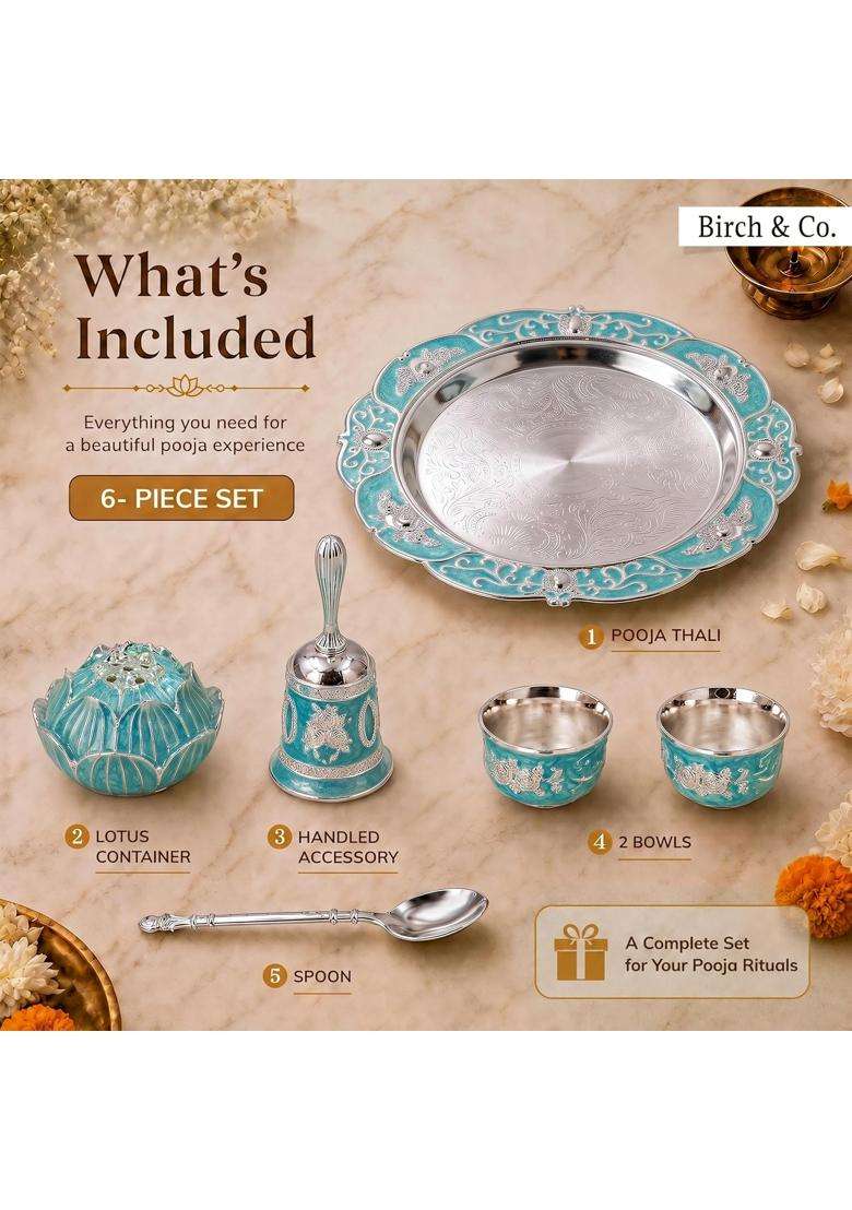 Birch and Co Decorative Pooja Thali Set with Lotus Incense Holder Hand Bell 2 Kumkum Bowls and Spoon - Indya