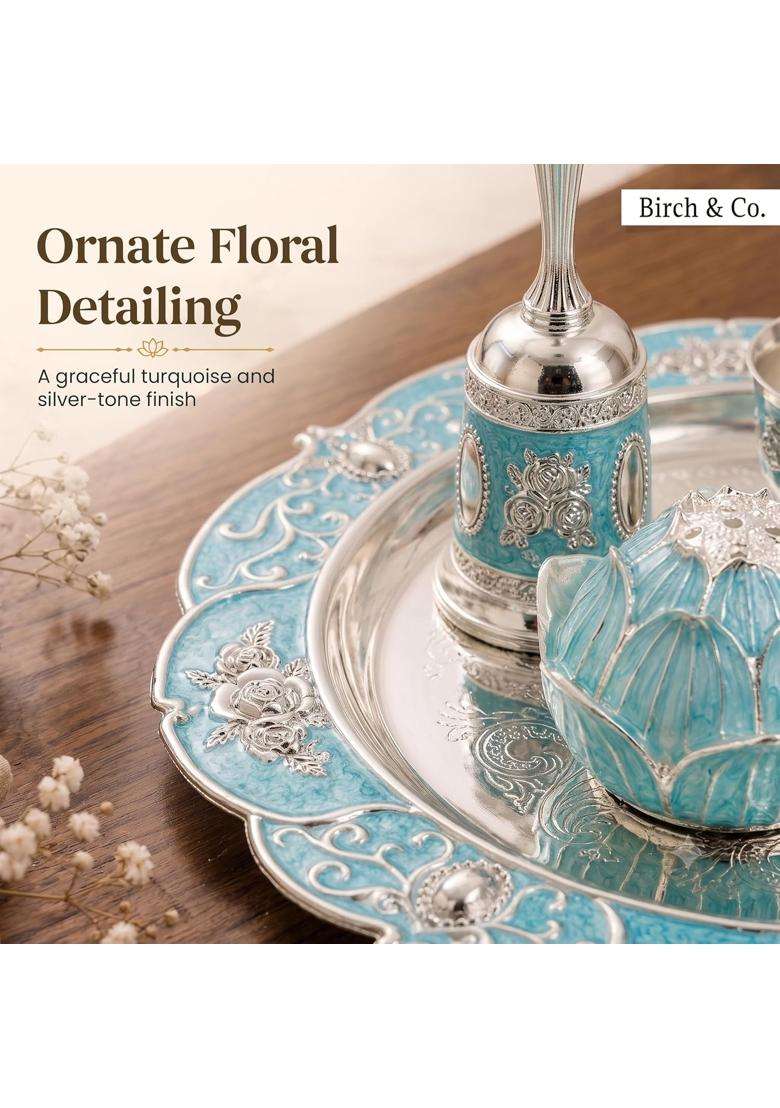 Birch and Co Decorative Pooja Thali Set with Lotus Incense Holder Hand Bell 2 Kumkum Bowls and Spoon - Indya
