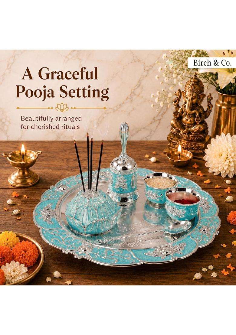 Birch and Co Decorative Pooja Thali Set with Lotus Incense Holder Hand Bell 2 Kumkum Bowls and Spoon - Indya