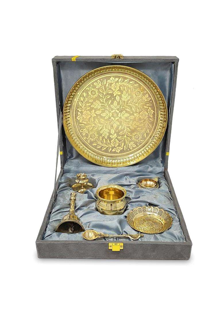 Bengalen ALEN Brass Pooja Thali Set with Grey Gift Box 8 Inch Pital Puja Thali Dhup Dan Kalash Palli Ghanti - Indya
