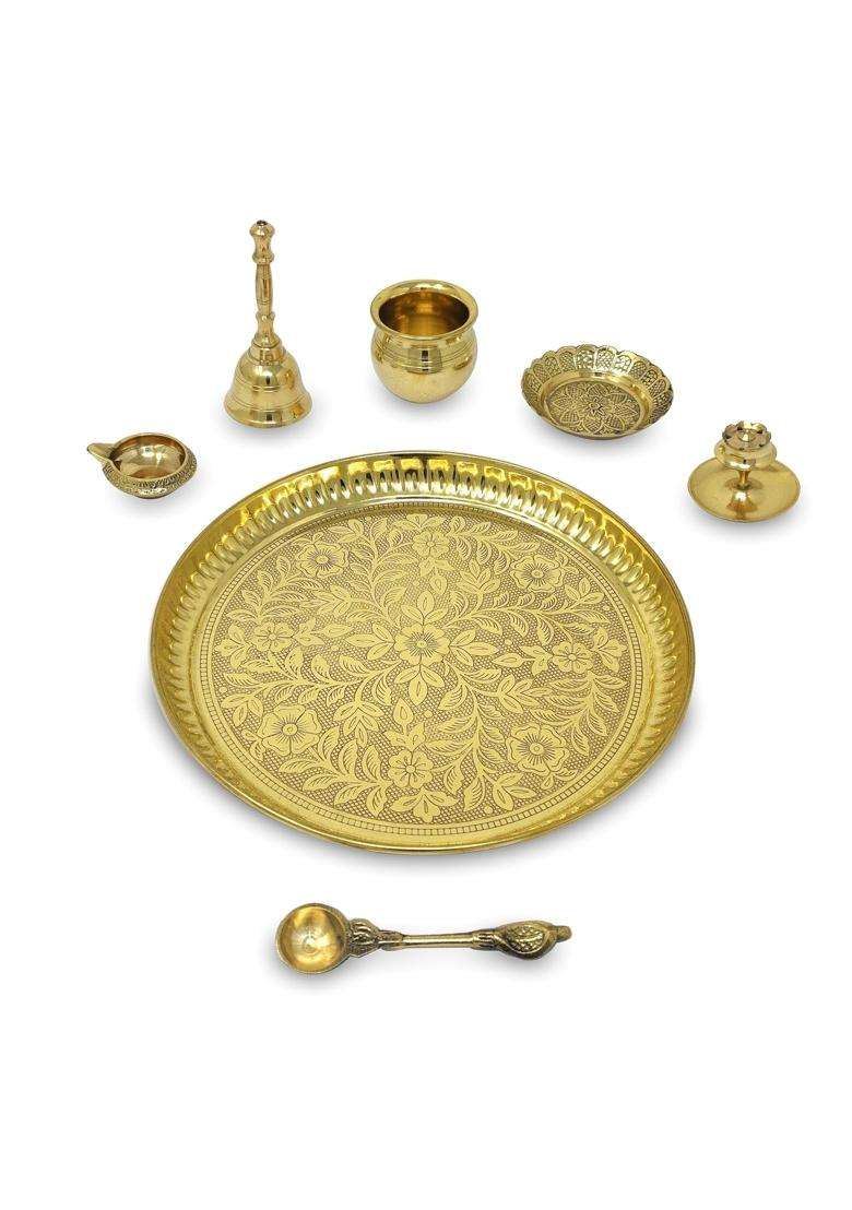 Bengalen ALEN Brass Pooja Thali Set with Grey Gift Box 8 Inch Pital Puja Thali Dhup Dan Kalash Palli Ghanti - Indya