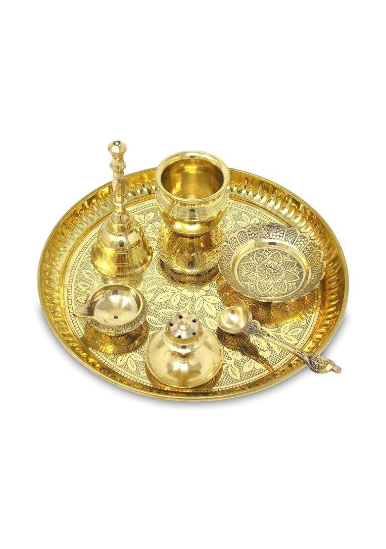 Bengalen ALEN Brass Pooja Thali Set with Grey Gift Box 8 Inch Pital Puja Thali Dhup Dan Kalash Palli Ghanti - Indya