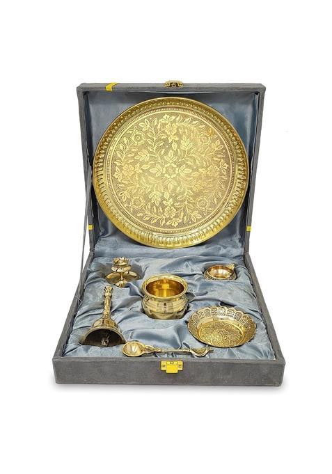 Bengalen ALEN Brass Pooja Thali Set with Grey Gift Box 8 Inch Pital Puja Thali Dhup Dan Kalash Palli Ghanti