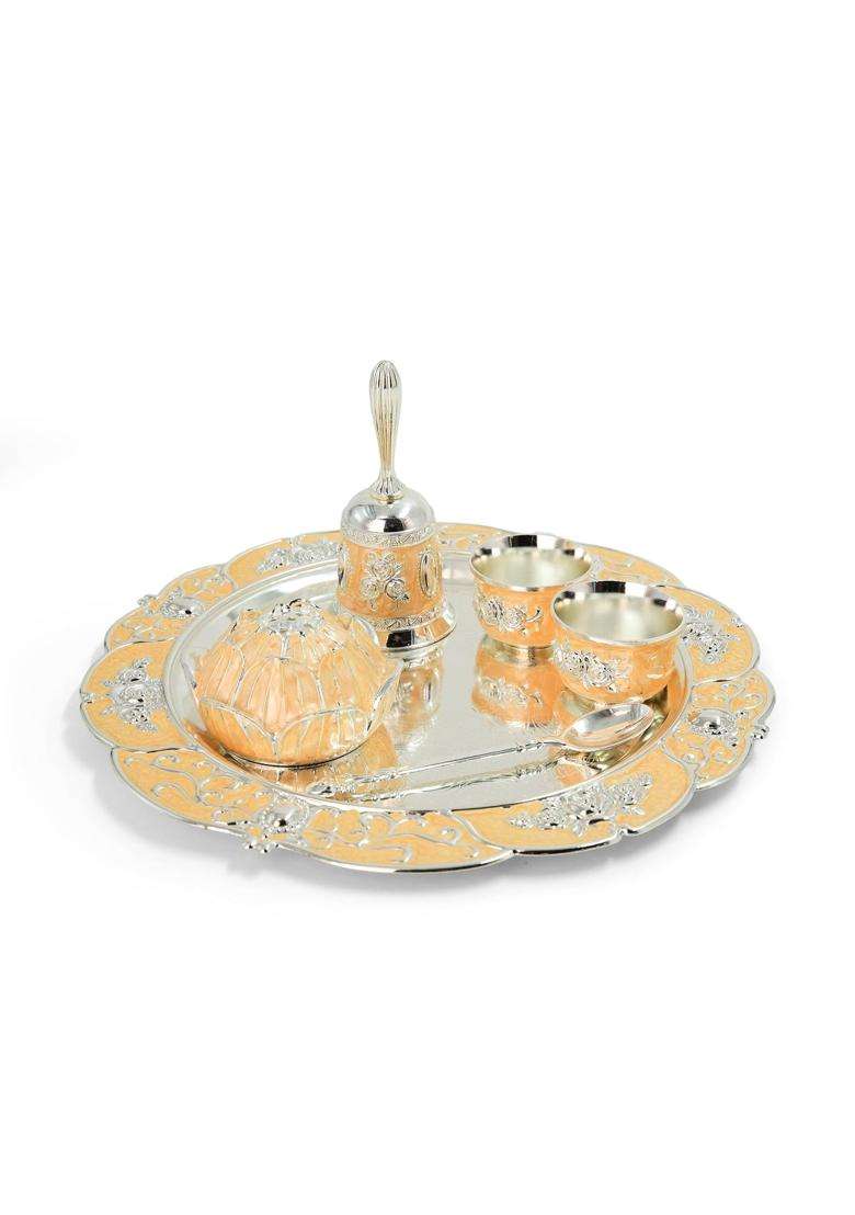 Birch and Co Decorative Pooja Thali Set with Lotus Incense Holder Hand Bell 2 Kumkum Bowls and Spoon - Indya